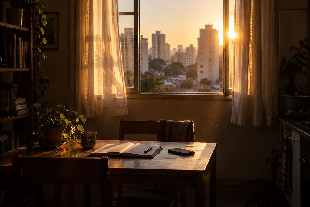 Luz da manhã entrando pela janela sobre uma mesa com um caderno aberto.