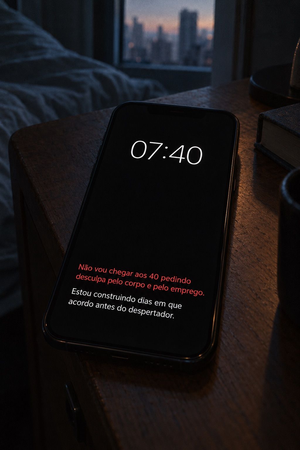 Celular na mesa de cabeceira com a tela de bloqueio mostrando as duas frases.