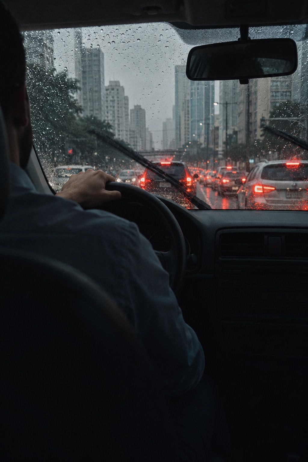 Motorista visto de trás, parado no trânsito com chuva no para-brisa.