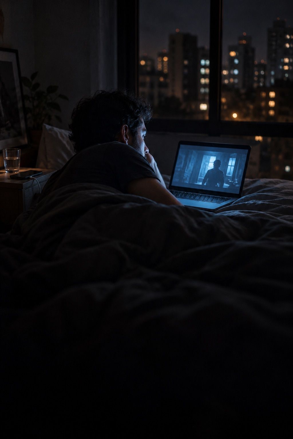 Pessoa na cama à noite com o notebook iluminando o rosto.